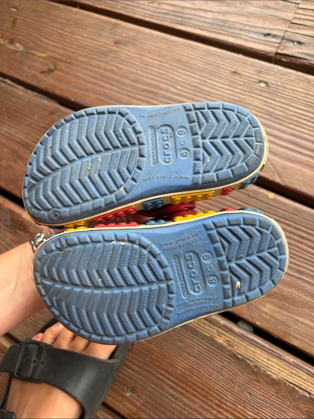 CROCS Kids Blue Clogs with Red Strap and Multicolor LEGO Accents